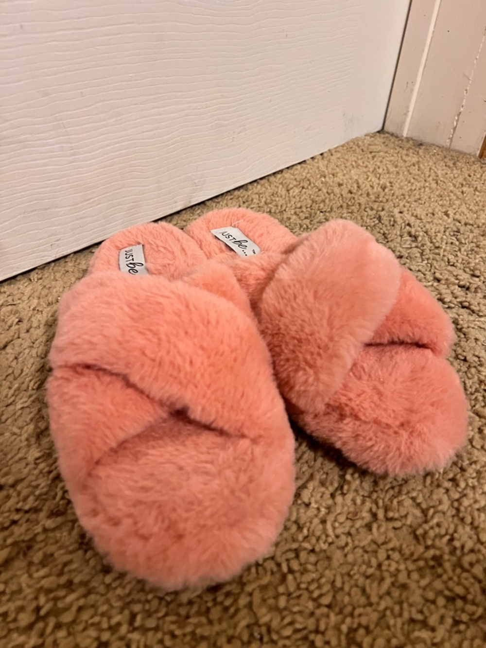Fuzzy Coral Pink Crisscross Slide Slippers